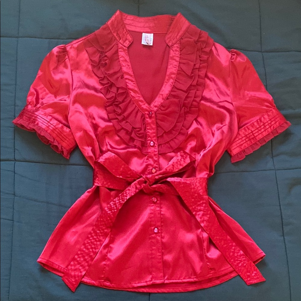 Red Satin Ruffle Blouse
